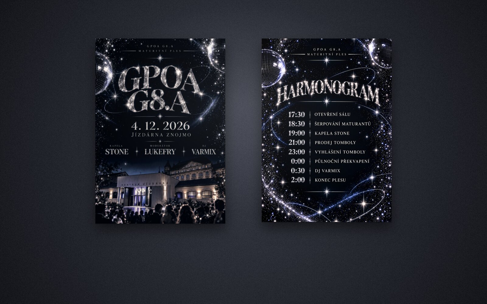 Plakát a harmonogram maturitního plesu GPOA G8.A