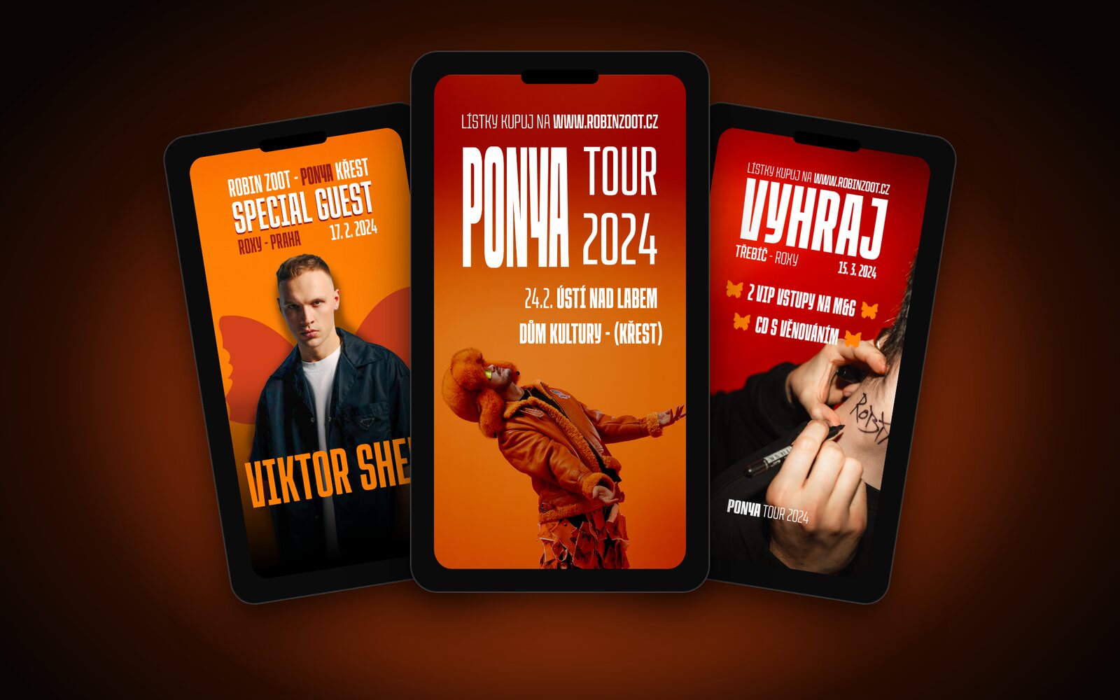 Stories Robin Zoot k Ponya Tour 2024 v mockupu telefonů
